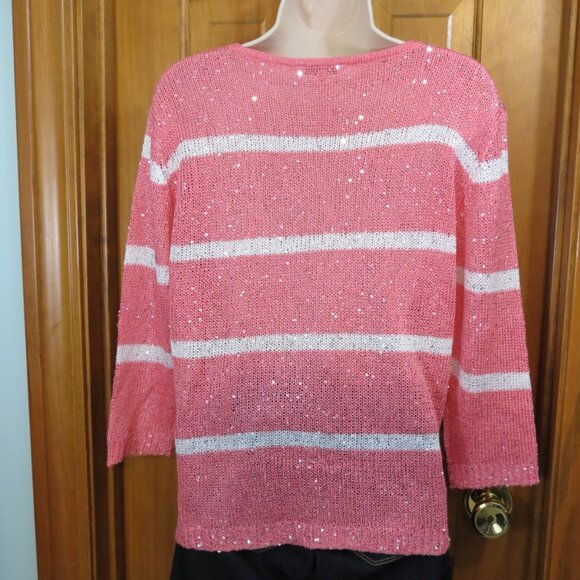 Avalin Coral & Ivory Striped Sweater Long Sleeve Sequins Scoop Neck Size Large - Picture 5 of 10